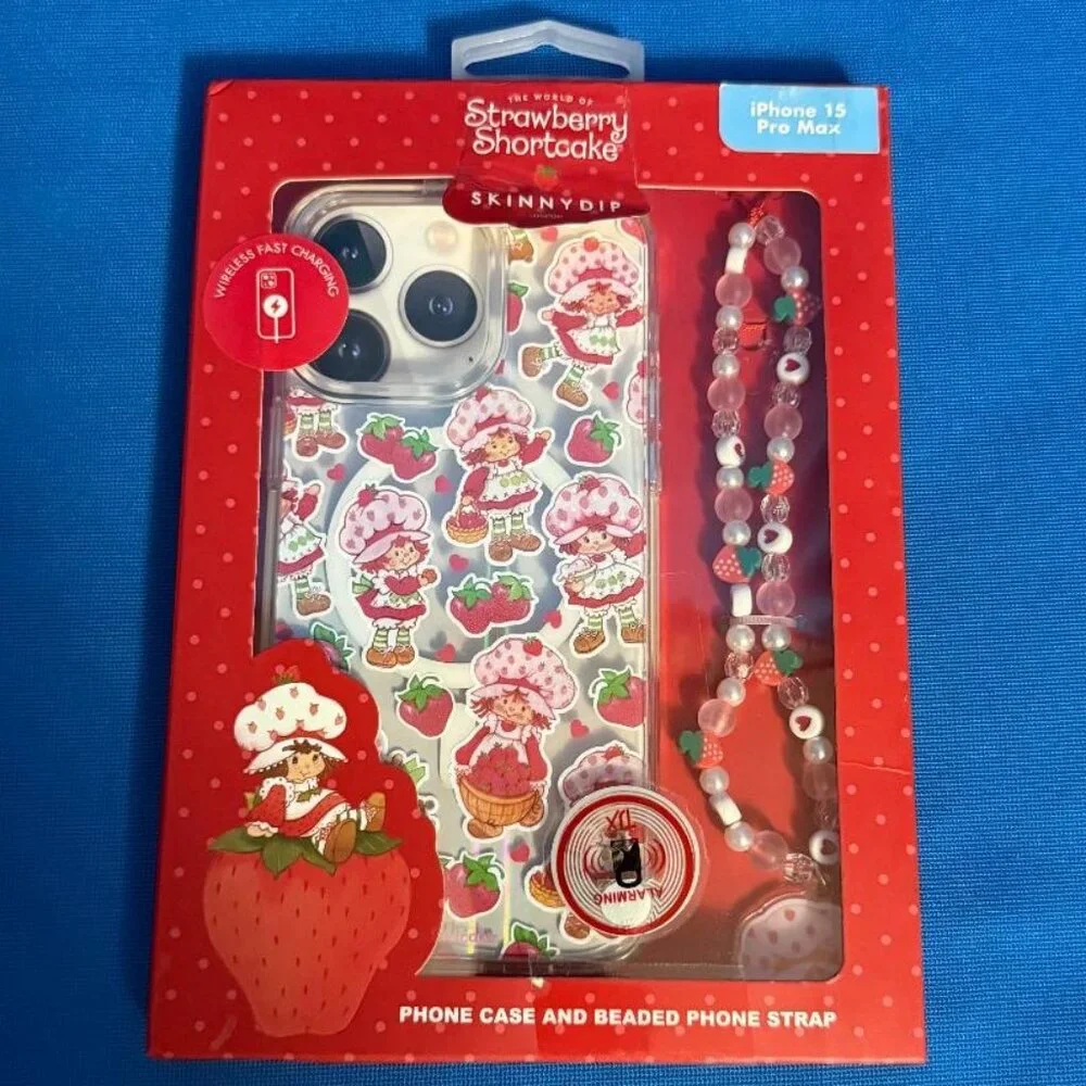 BRAND NEW STRAWBERRY SHORTCAKE IPHONE 15 PRO MAX PHONE CASE & BEADED PHONE STRAP